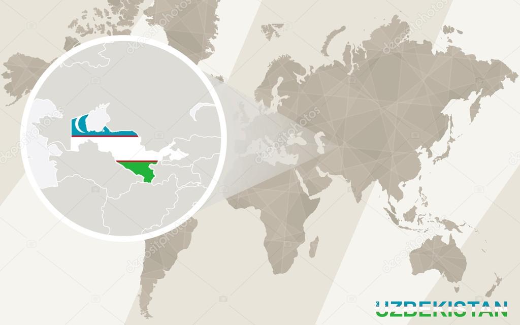 Zoom on Uzbekistan Map and Flag. World Map.