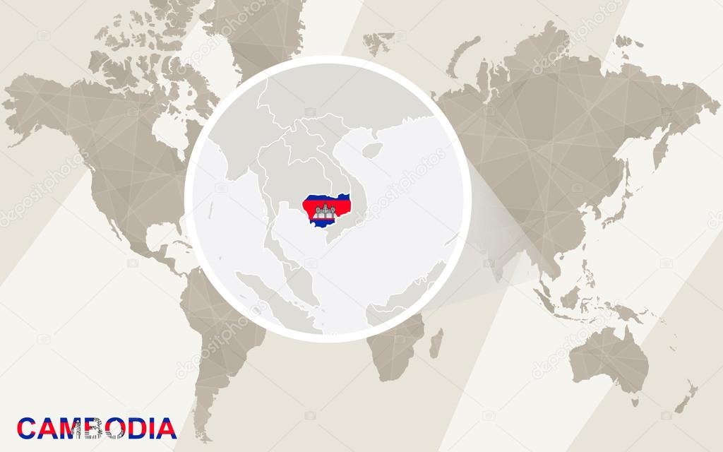Zoom on Cambodia Map and Flag. World Map.