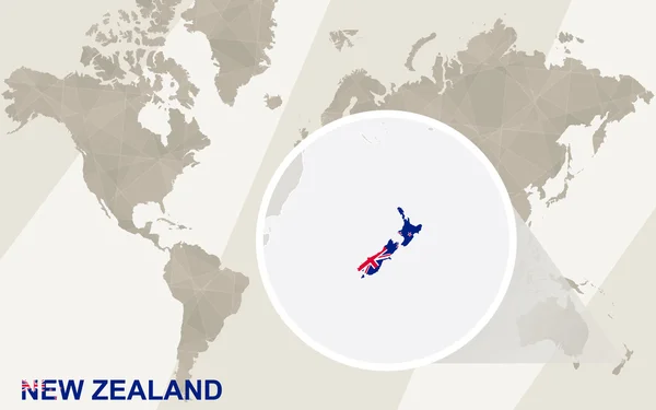 Zoom no Mapa e Bandeira da Nova Zelândia. Mapa do Mundo . — Vetor de Stock