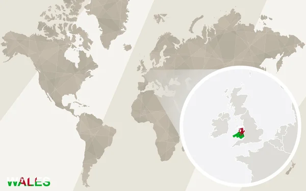Zoom no Mapa e Bandeira do País de Gales. Mapa do Mundo . — Vetor de Stock