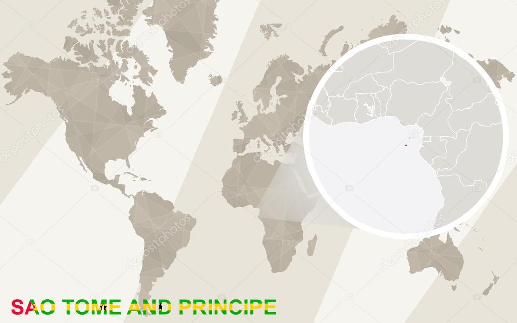 Zoom on Sao Tome and Principe Map and Flag. World Map.