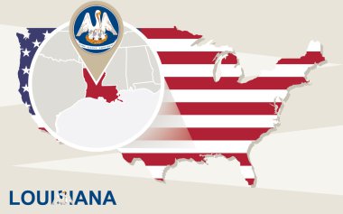 Büyütülmüş Louisiana devlet ile ABD harita. Louisiana bayrak ve harita.