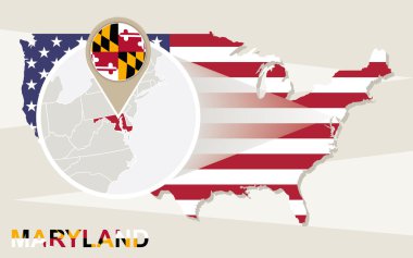 Büyütülmüş Maryland devlet ile ABD harita. Maryland bayrak ve harita.