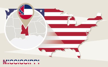 Büyütülmüş Mississippi Devlet ile ABD harita. Mississippi bayrak ve m