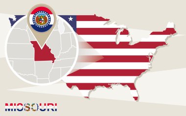 Büyütülmüş Missouri Devlet ile ABD harita. Missouri bayrak ve harita.