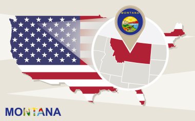 USA map with magnified Montana State. Montana flag and map. clipart
