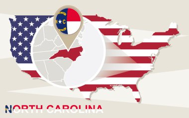 Büyütülmüş North Carolina State ABD harita. Kuzey Carolina bayrak