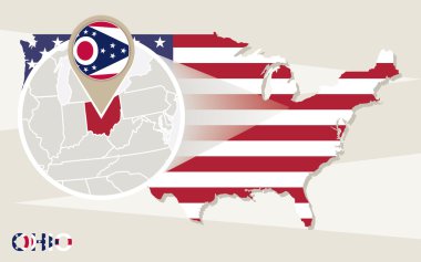 Büyütülmüş Ohio State ABD harita. Ohio bayrak ve harita.