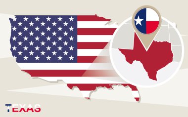 Büyütülmüş Texas devlet ile ABD harita. Texas bayrak ve harita.