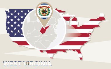 Büyütülmüş West Virginia devlet ile ABD harita. Batı Virginia bayrak bir