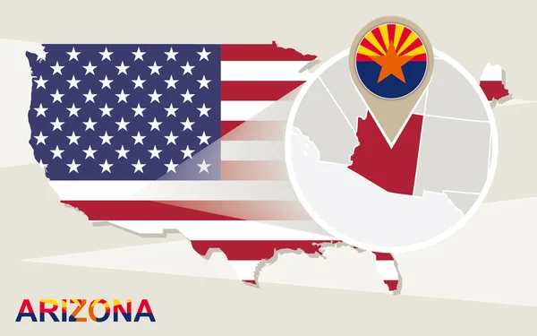Carta degli Stati Uniti con stato ingrandito dell'Arizona. Bandiera Arizona e mappa . — Vettoriale Stock