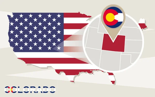 Карта США с увеличенным штатом Колорадо. Флаг Колорадо и карта . — стоковый вектор