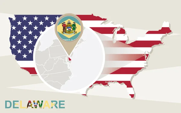 ΗΠΑ χάρτη με μεγεθυμένη Delaware κράτος. Σημαία του Delaware και Χάρτης. — Διανυσματικό Αρχείο