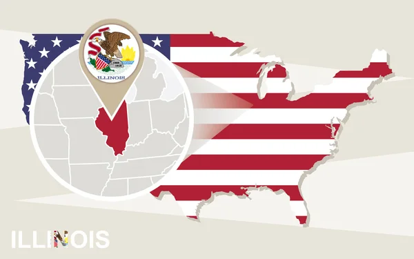 Mapa USA se zvětšeným státu Illinois. Illinois vlajka a mapa. — Stockový vektor