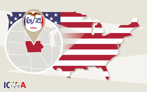 Kaart van de V.s. met vergrote Iowa State. Vlag van Iowa en kaart. — Stockvector