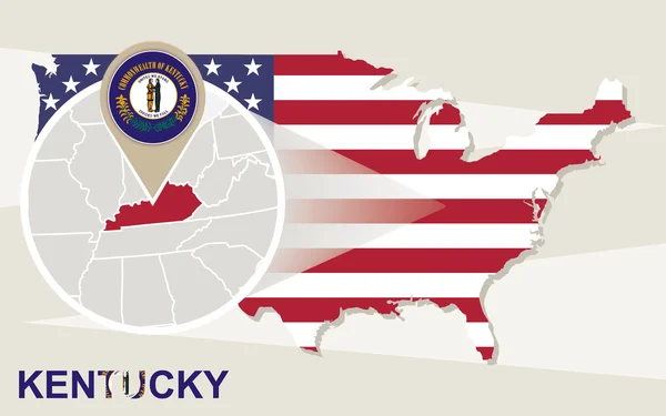 USA map with magnified Kentucky State. Kentucky flag and map. — Stock Vector