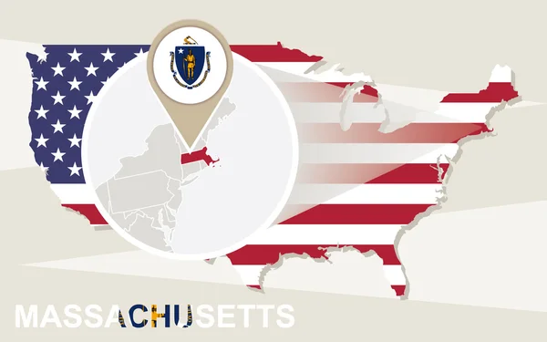 ABD harita ile büyütülmüş Massachusetts eyalet. Massachusetts bayrak bir — Stok Vektör