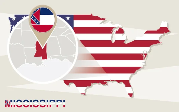 Mapa dos EUA com aumento do estado do Mississippi. Bandeira do Mississippi e m —  Vetores de Stock