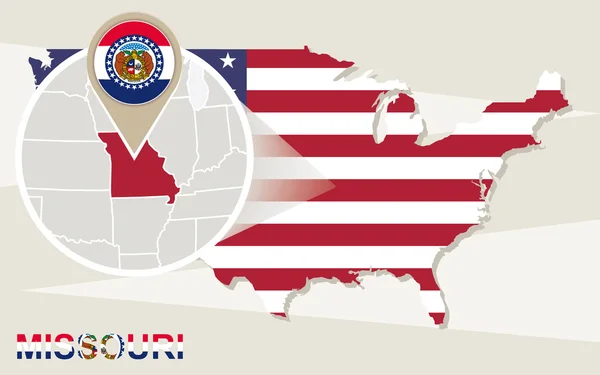 Карта США с увеличенным штатом Миссури. Флаг Миссури и карта . — стоковый вектор
