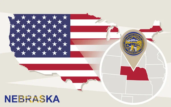 Mapa USA se zvětšeným státu Nebraska. Nebraska vlajka a mapa. — Stockový vektor