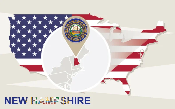 ΗΠΑ χάρτη με μεγεθυμένη New Hampshire κράτος. Νιού Χάμσαιρ σημαία ένα — Διανυσματικό Αρχείο
