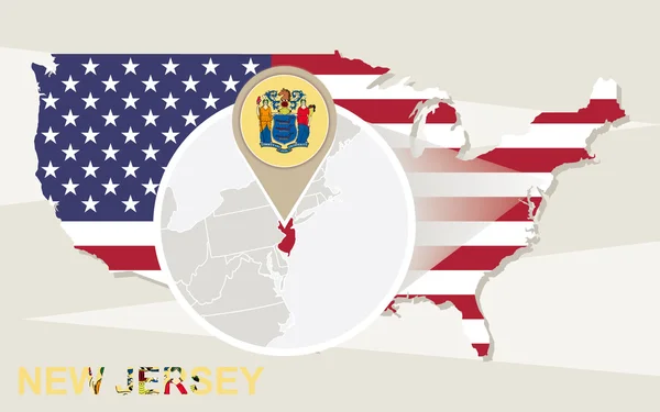 USA karta med förstorade New Jersey State. New Jersey flagga och karta — Stock vektor