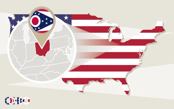 Mapa USA se zvětšenou státu Ohio. Ohio vlajka a mapa. — Stockový vektor