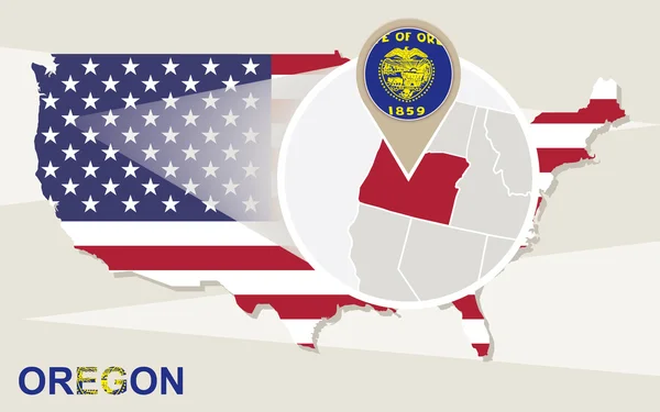 미국 지도 확대 오리건 주입니다. 오 레 곤 국기 및 지도. — 스톡 벡터