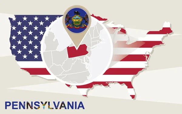 ΗΠΑ χάρτη με μεγεθυμένη κράτους Πενσυλβανία. Σημαία της Πενσυλβάνια και — Διανυσματικό Αρχείο