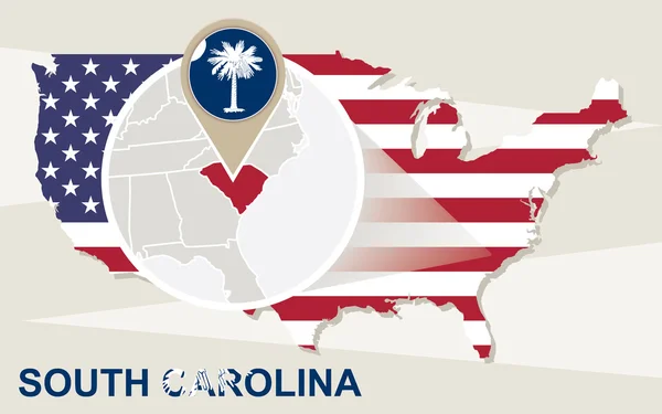 Mappa degli Stati Uniti con stato ingrandito della Carolina del Sud. Bandiera Carolina del Sud — Vettoriale Stock