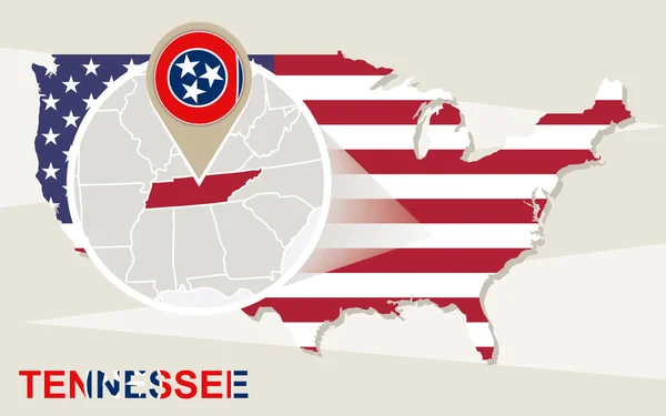 Mapa de EE.UU. con el estado de Tennessee magnificado. Bandera y mapa de Tennessee . — Vector de stock