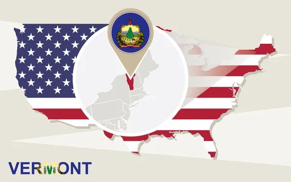 US-Landkarte mit vergrößertem Bundesstaat Vermont. Flagge und Karte von Vermont. — Stockvektor