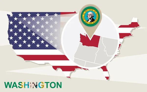 USA karta med förstorade Washington State. Washington flagga och karta — Stock vektor