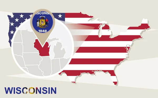 Mapa dos EUA com estado de Wisconsin ampliado. Bandeira e mapa de Wisconsin . —  Vetores de Stock