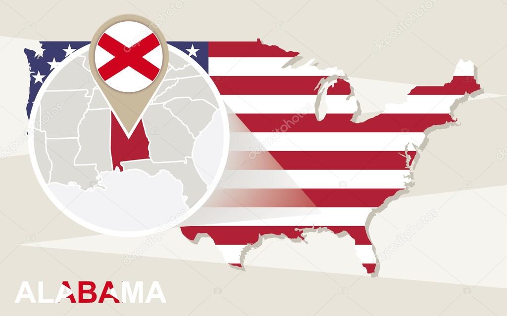 USA map with magnified Alabama State. Alabama flag and map.