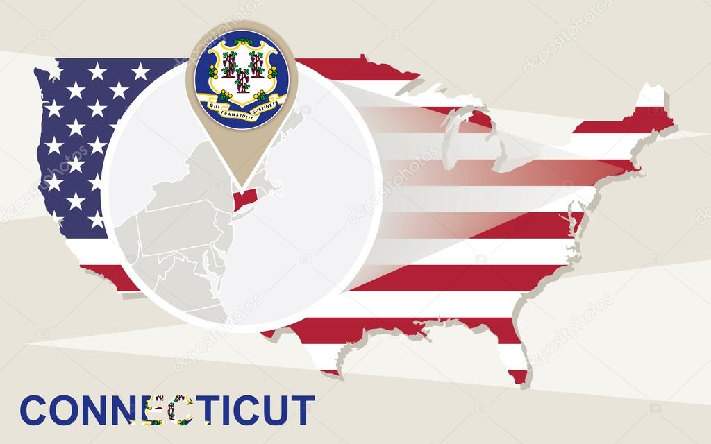 USA map with magnified Connecticut State. Connecticut flag and m