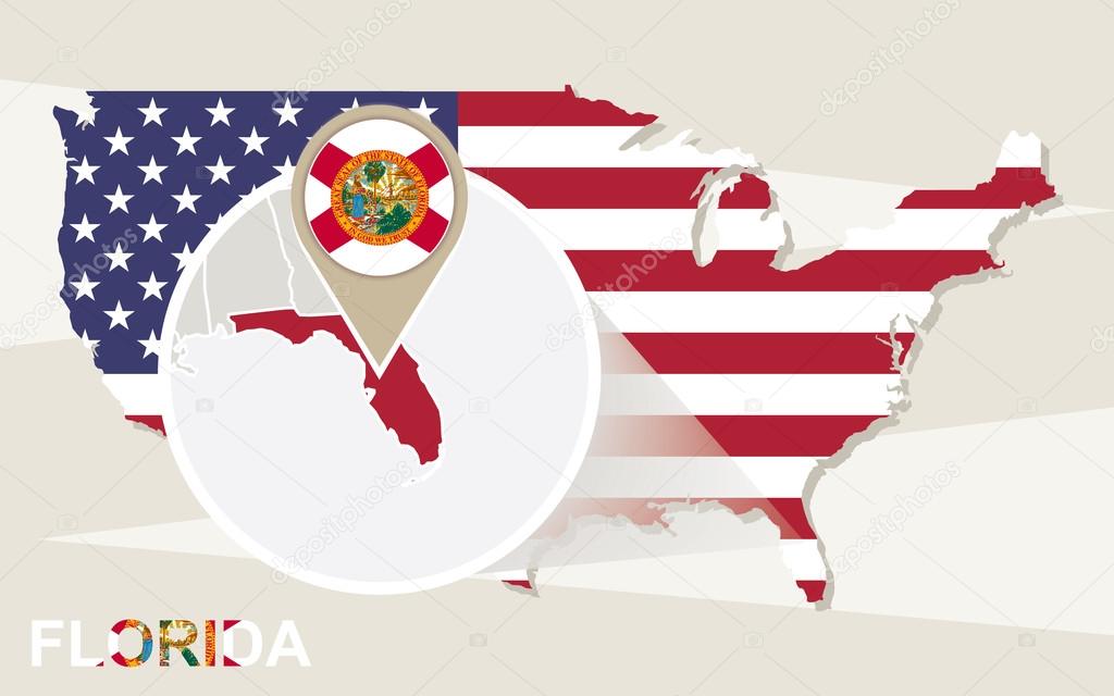 USA map with magnified Florida State. Florida flag and map.