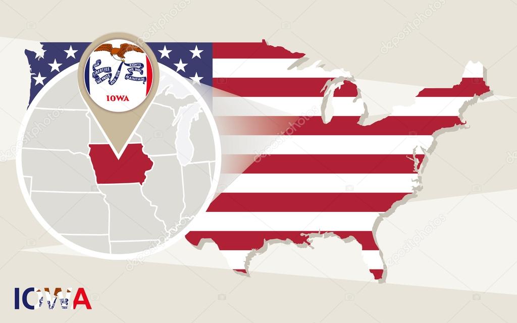 USA map with magnified Iowa State. Iowa flag and map.
