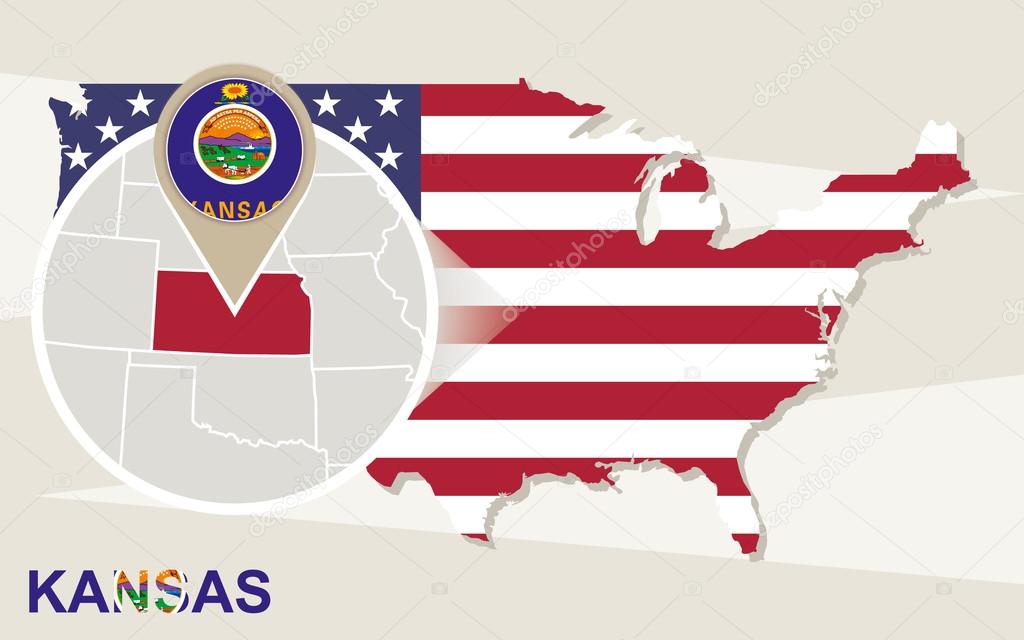 USA map with magnified Kansas State. Kansas flag and map.