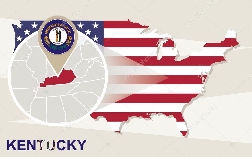 USA map with magnified Kentucky State. Kentucky flag and map.