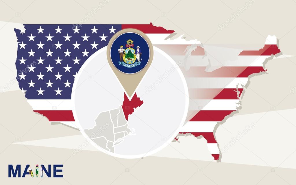USA map with magnified Maine State. Maine flag and map.