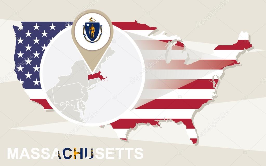 USA map with magnified Massachusetts State. Massachusetts flag a