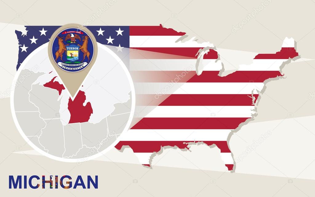 USA map with magnified Michigan State. Michigan flag and map.