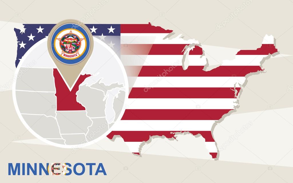 USA map with magnified Minnesota State. Minnesota flag and map.