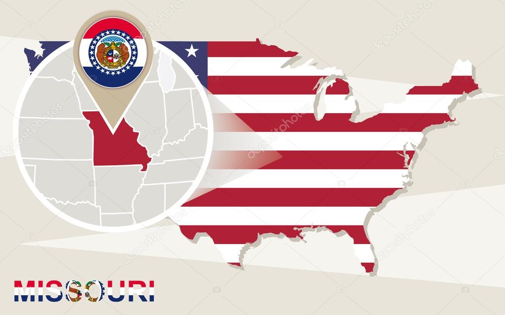USA map with magnified Missouri State. Missouri flag and map.