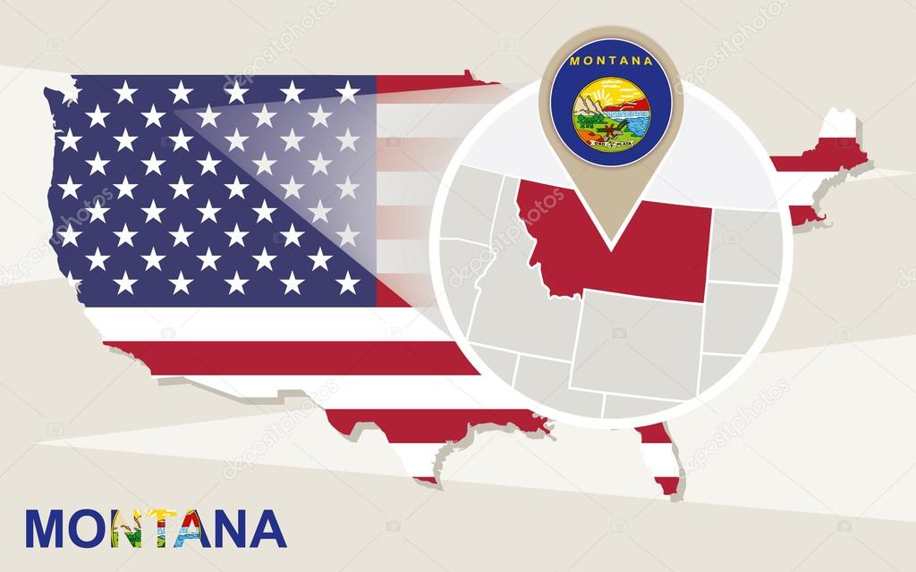 USA map with magnified Montana State. Montana flag and map.