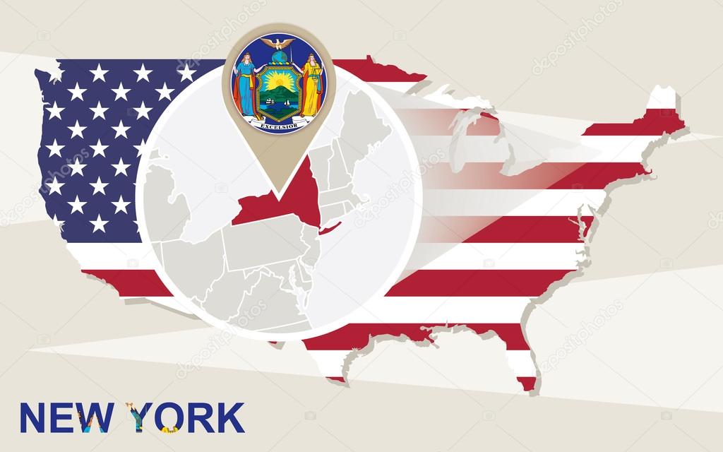 USA map with magnified New York State. New York flag and map.