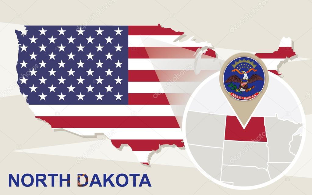 USA map with magnified North Dakota State. North Dakota flag and