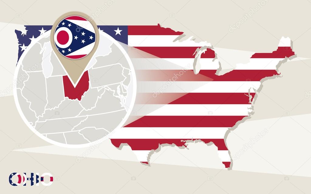 USA map with magnified Ohio State. Ohio flag and map.
