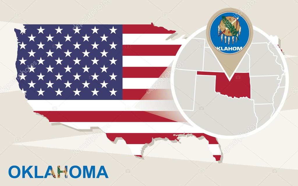USA map with magnified Oklahoma State. Oklahoma flag and map.